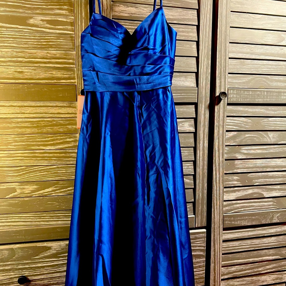 A-line V-neck Tea-length Satin Bridesmaid Dress in Royal Blue, size 8